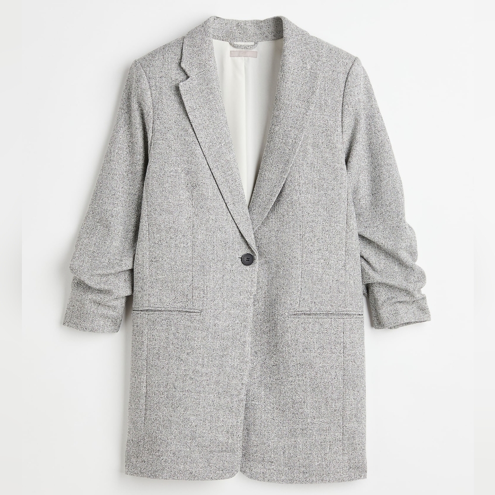 H&M Gathered Sleeve Jacket Gray Grey Melange Long Oversized Blazer Size XL